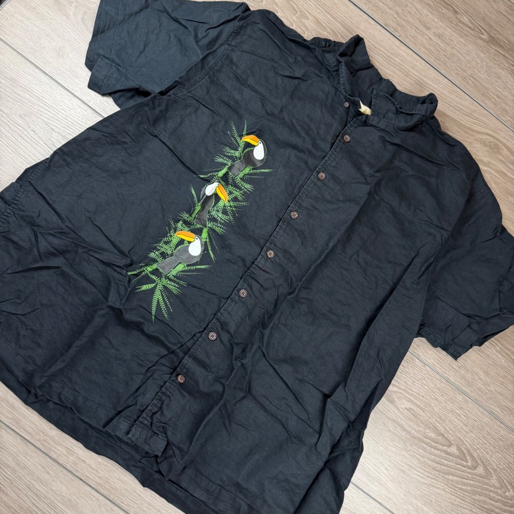 Island Passport Mens Button Up Shirt Toucan Tropical Linen Blend Black 3XL